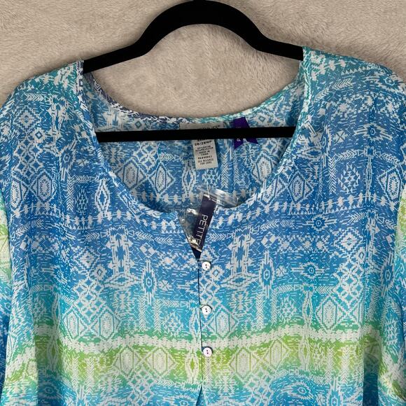 Catherines Top Womens 3XWP Blue Santa Fe Aztec Lightweight Bright Beach Peasant - Picture 2 of 10